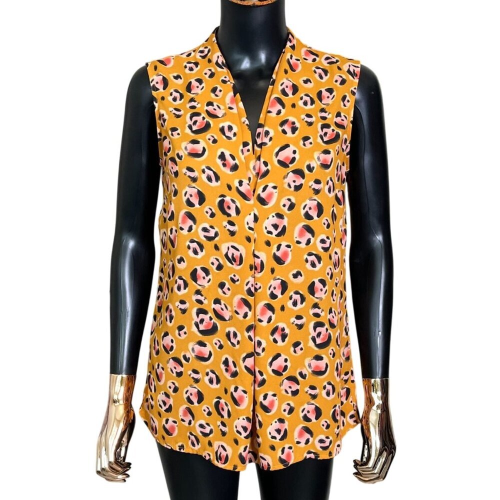 Cabi Leopard Print Sleeveless Blouse Mustard V-Neck Top Size S - Picture 2 of 8